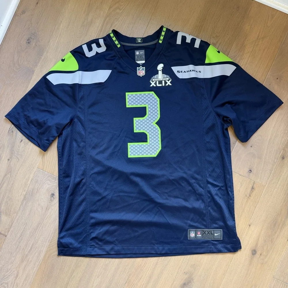 Russell Wilson 3 Seattle‎ Seahawks Jersey Mens XXL Blue NFL Nike Super Bowl XLIX